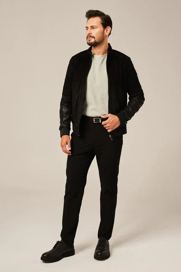 Sowachi Men's Black Rub Off Leather Bomber Jacket