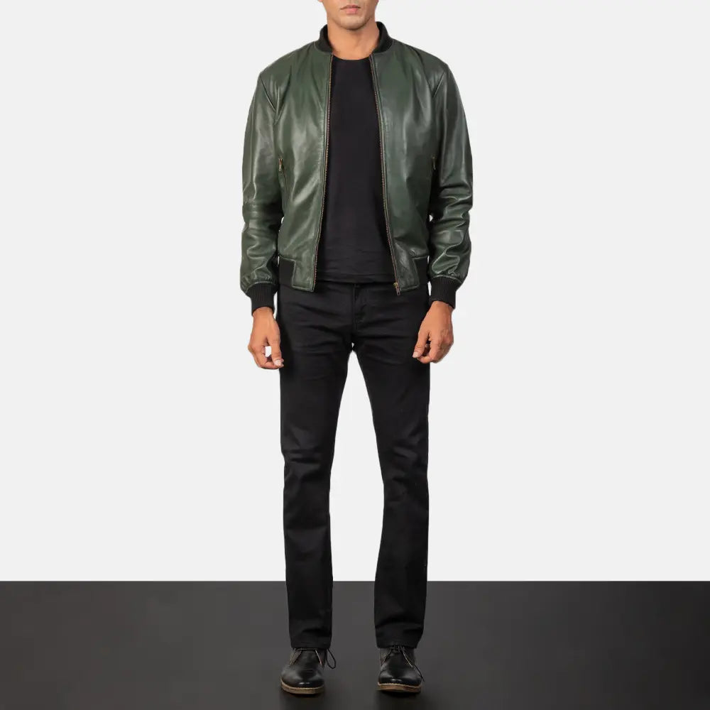 Sowachi Shane Green Leather Bomber Jacket