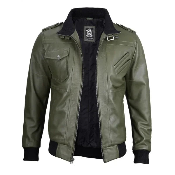 Sowachi Teldric - Men Green Leather Bomber Jacket with Removable Hood