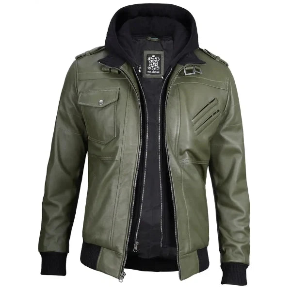 Sowachi Teldric - Men Green Leather Bomber Jacket with Removable Hood