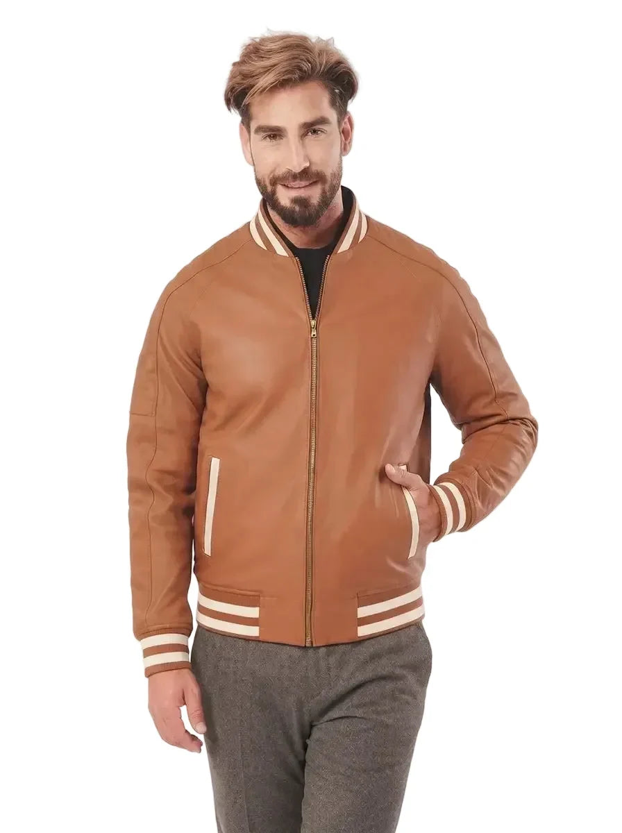 Sowachi Seldric - Men Brown Leather Varsity Jacket