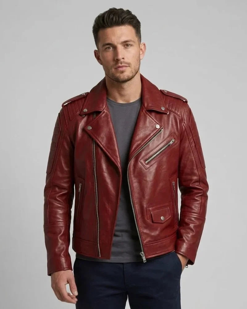 Sowachi Varnic - Men Maroon Motorcycle Padded Leather Jacket