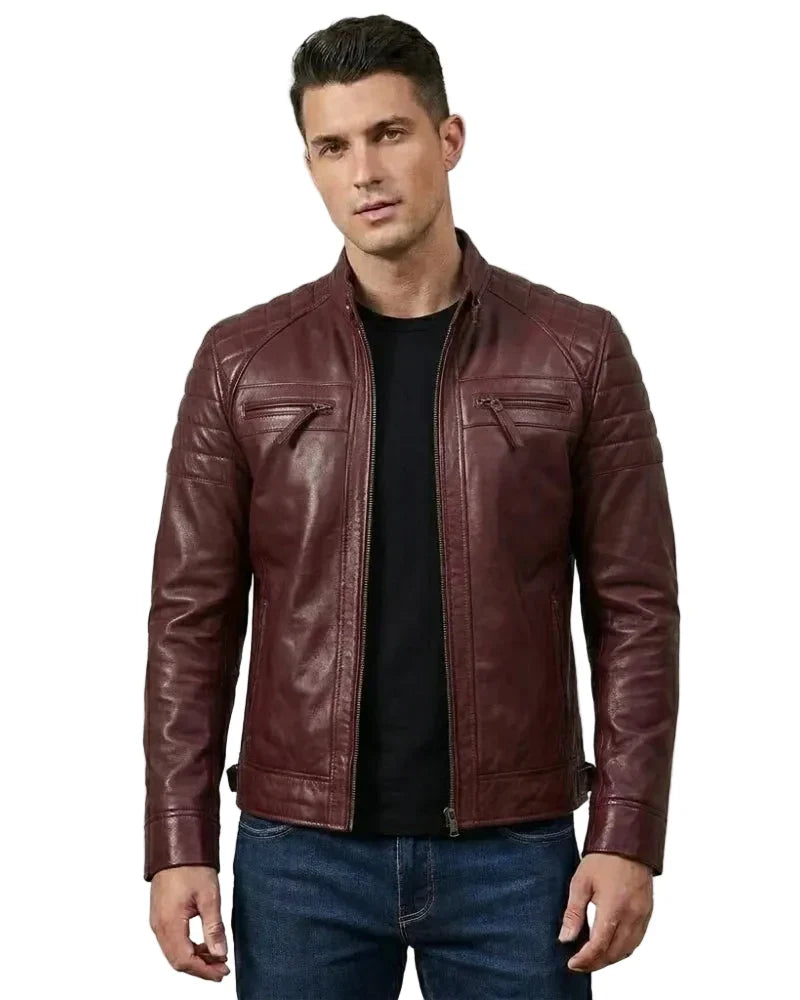 Sowachi Juluis - Men Maroon Quilted Biker Style Leather Jacket