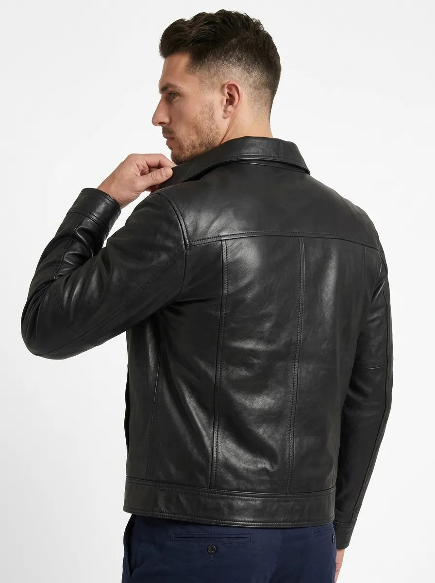 Sowachi Men Sheepskin Leather Black Harrington Jacket