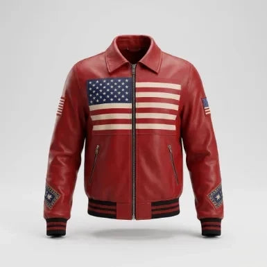 Sowachi Men's American Flag Red Sheepskin Leather Jacket