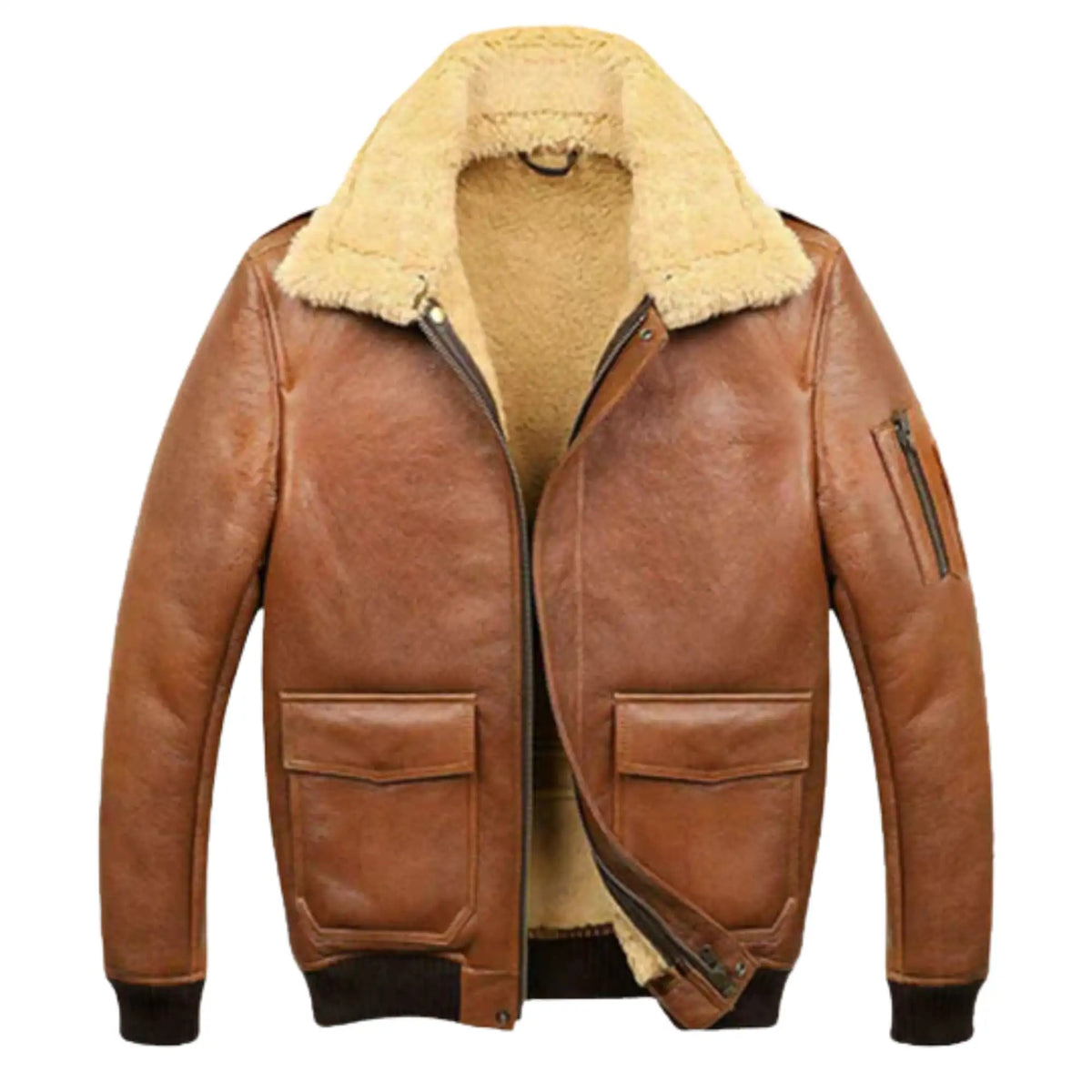 Sowachi Men’s Aviator Camel Brown B2 Fur Shearling Leather Jacket