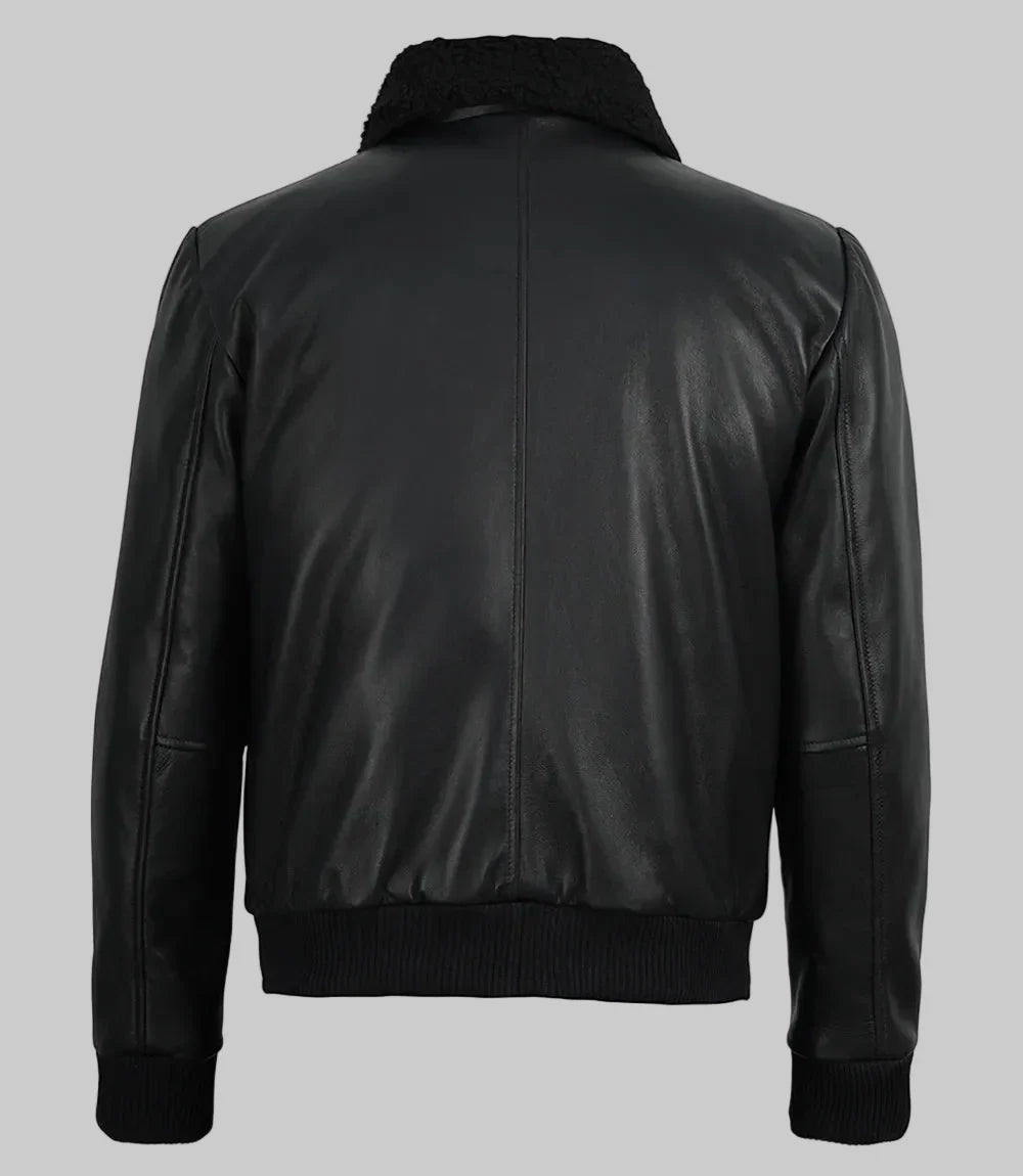 Sowachi Nikolas - Men's Black Aviator Bomber Leather Jacket with Faux Fur Collar
