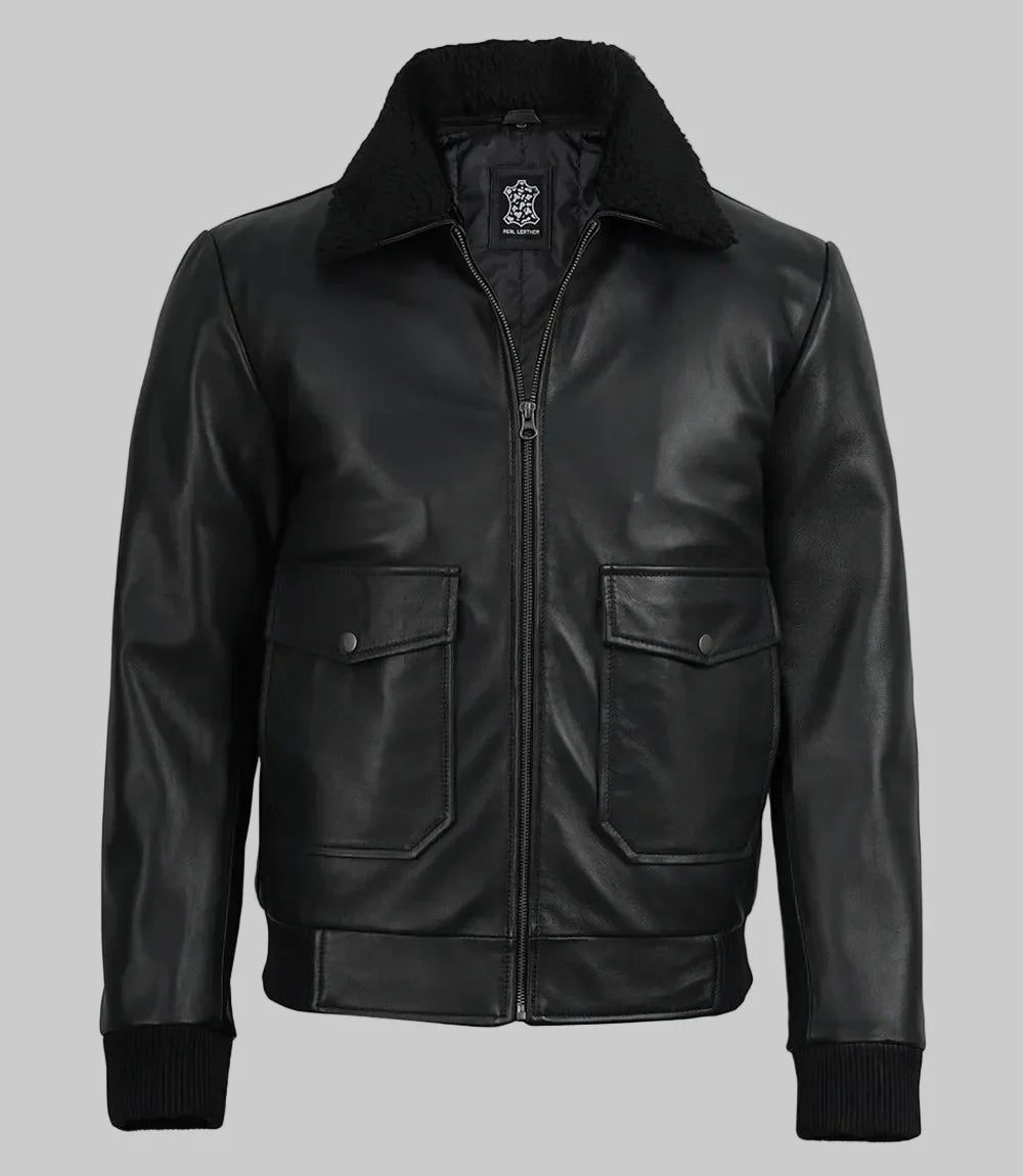Sowachi Nikolas - Men's Black Aviator Bomber Leather Jacket with Faux Fur Collar