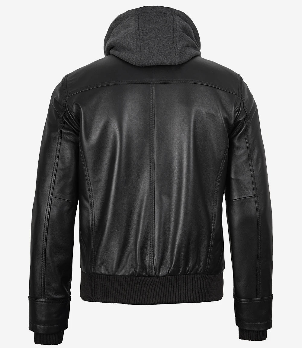 Sowachi Men's Black Bomber Leather Jacket with Removable Gray Hood
