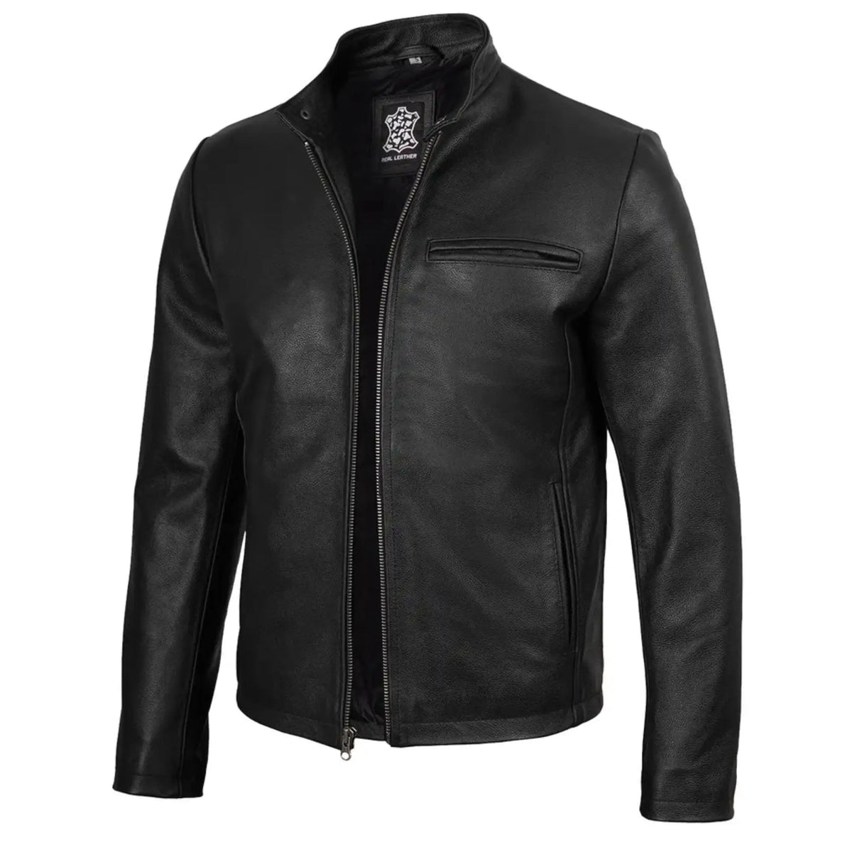 Sowachi Men's Black Cowhide Leather Cafe Racer Jacket
