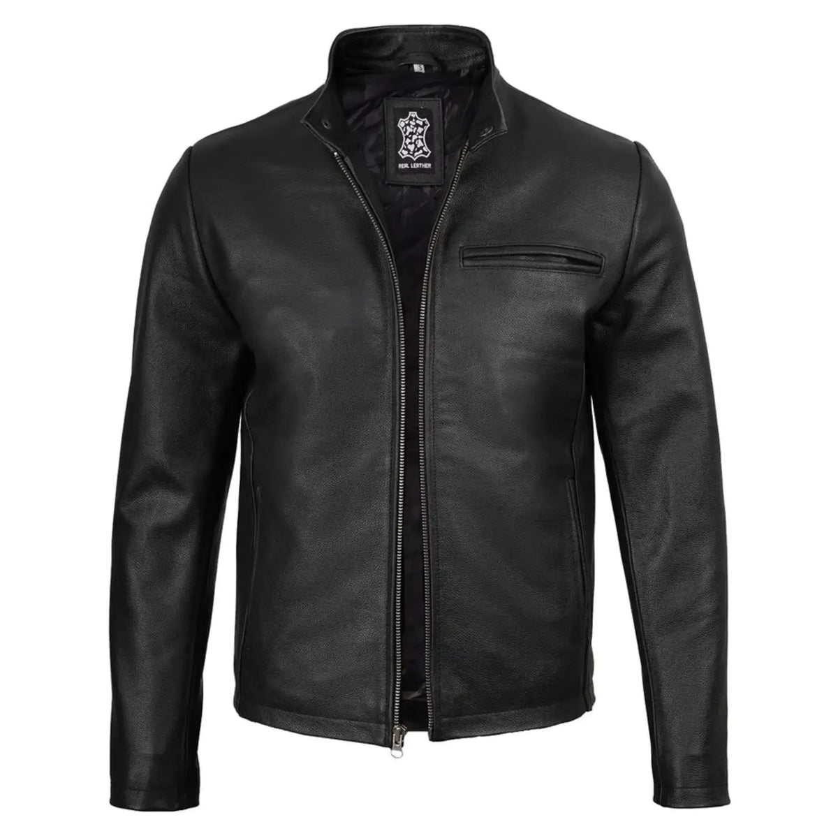 Sowachi Men's Black Cowhide Leather Cafe Racer Jacket
