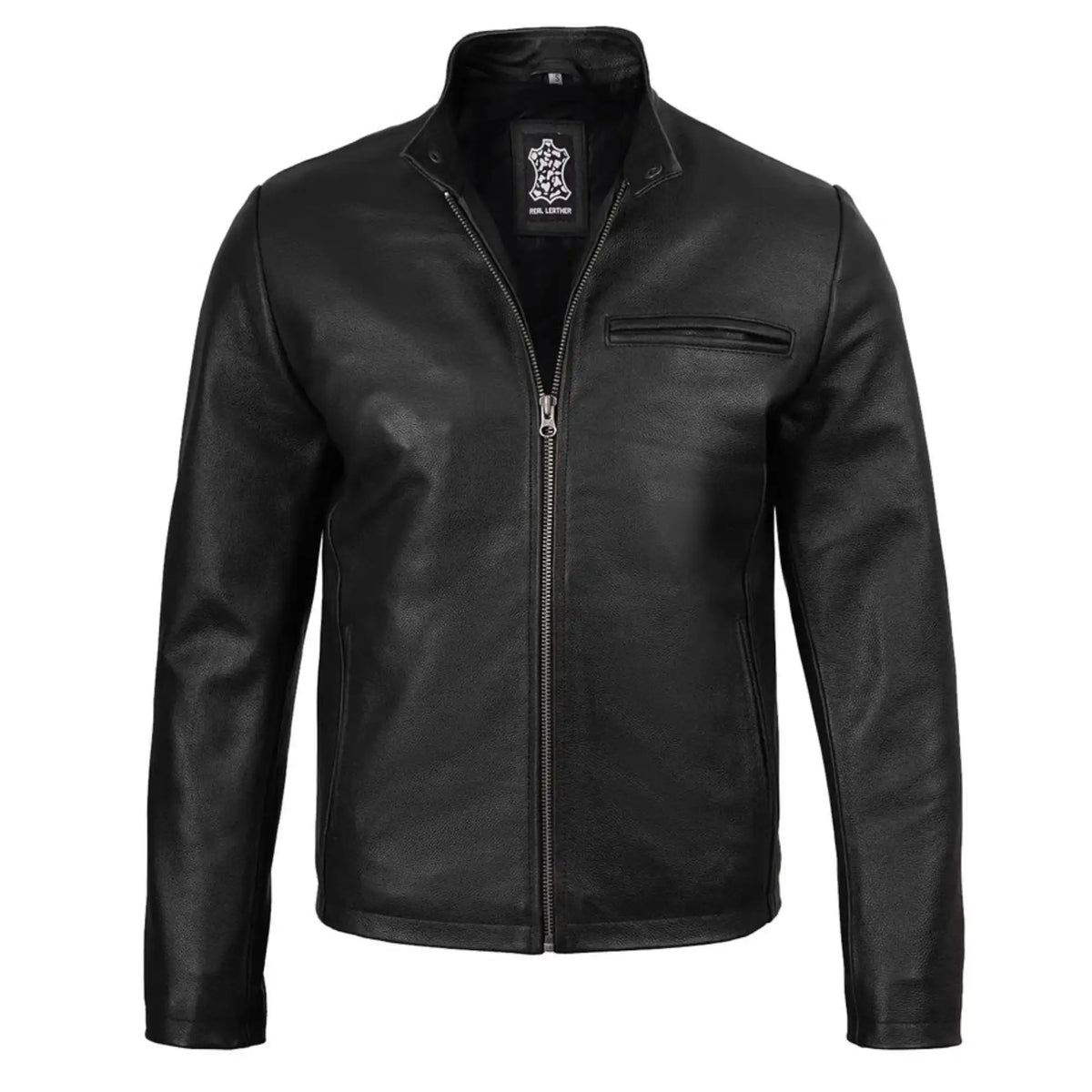 Sowachi Men's Black Cowhide Leather Cafe Racer Jacket