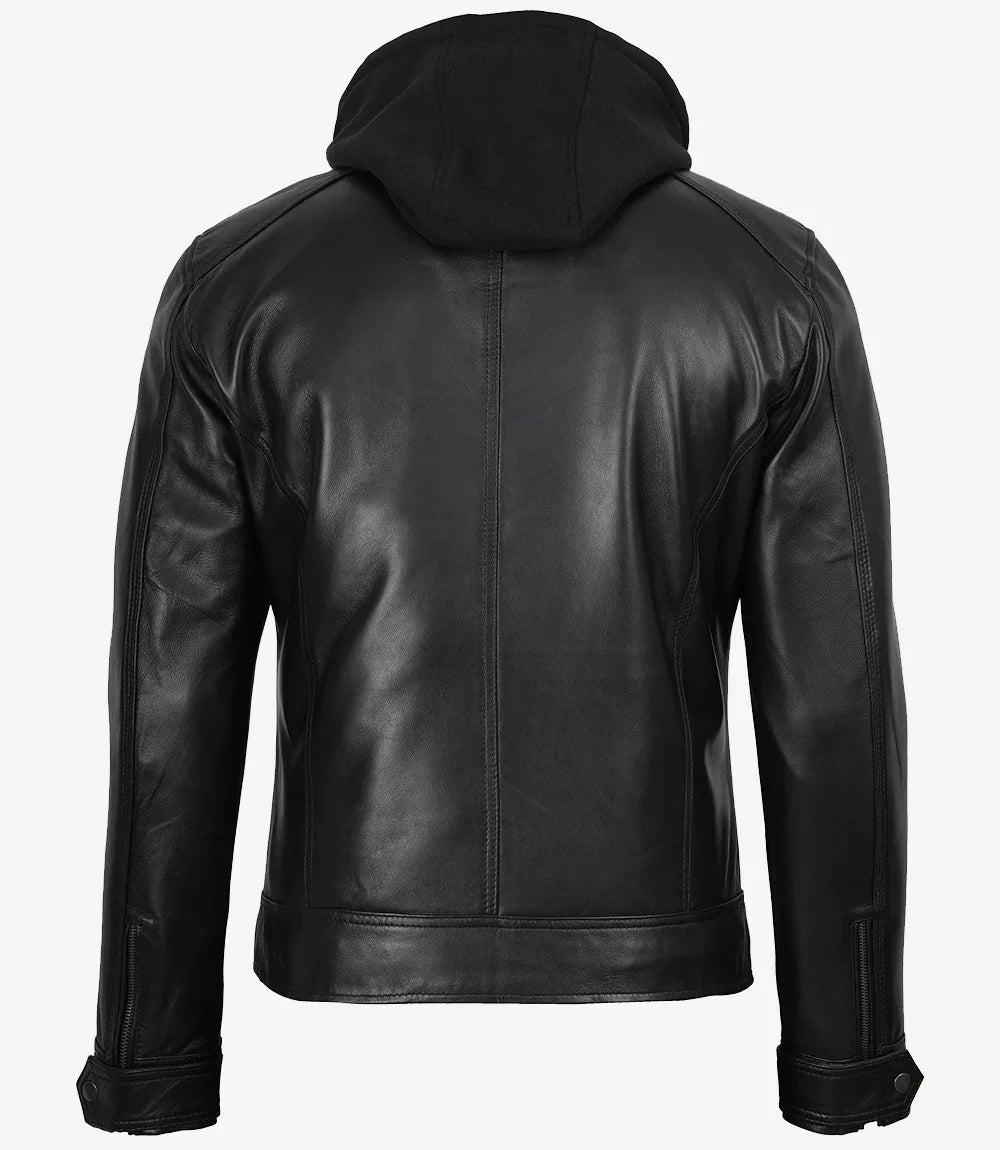 Sowachi Men's Black Hooded Leather Jacket with Detachable Hood