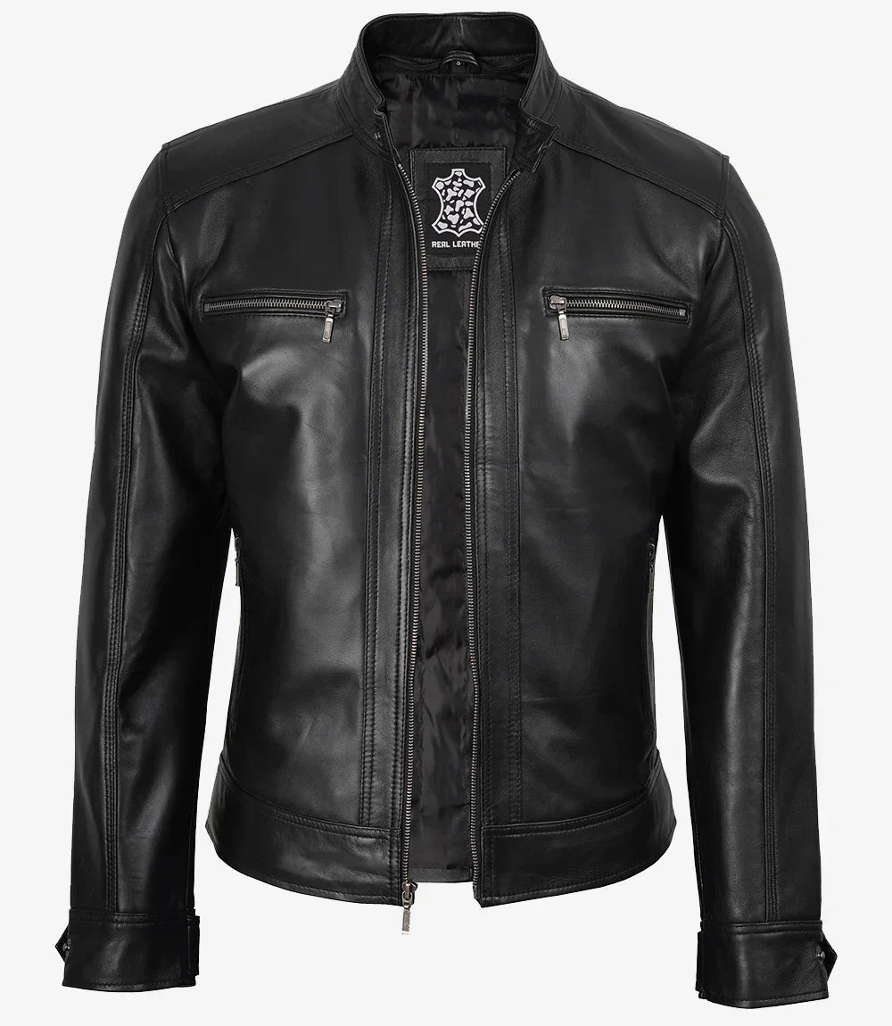 Sowachi Men's Black Hooded Leather Jacket with Detachable Hood