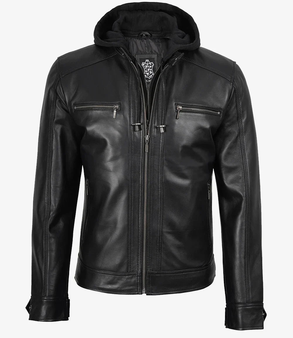 Sowachi Men's Black Hooded Leather Jacket with Detachable Hood