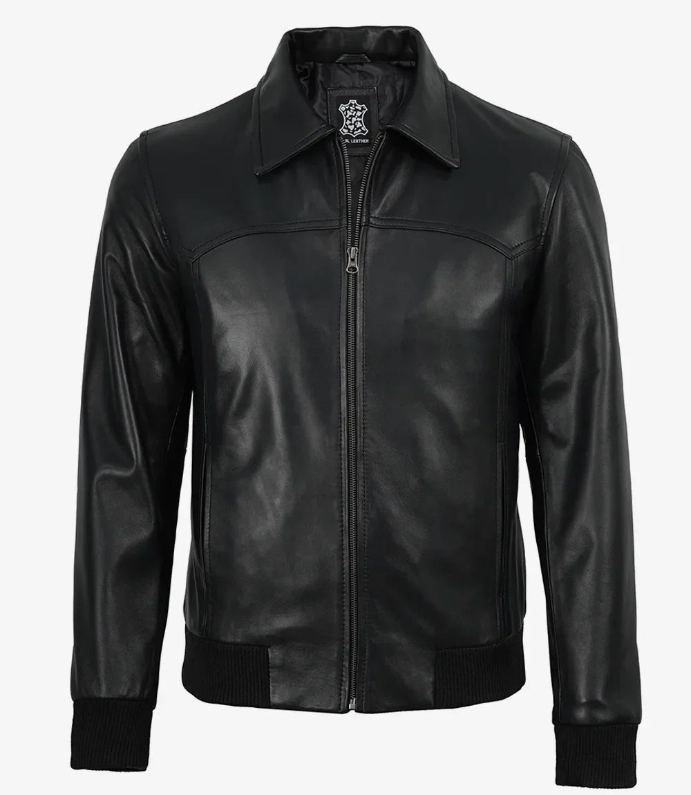 Sowachi Men's Black Leather Bomber Jacket with Shirt Collar