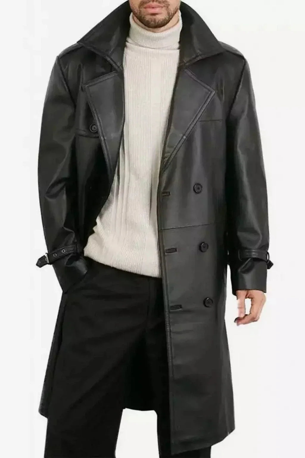 Sowachi Men's Long Length Black Sheepskin Leather Coat