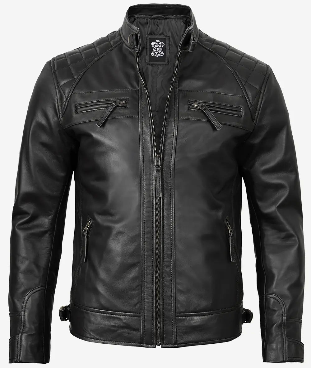Sowachi Men's Black Sheep Leather Motorcycle Style Jacket