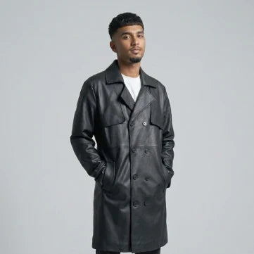 Sowachi Men's Black Sheepskin Leather Trench Coat