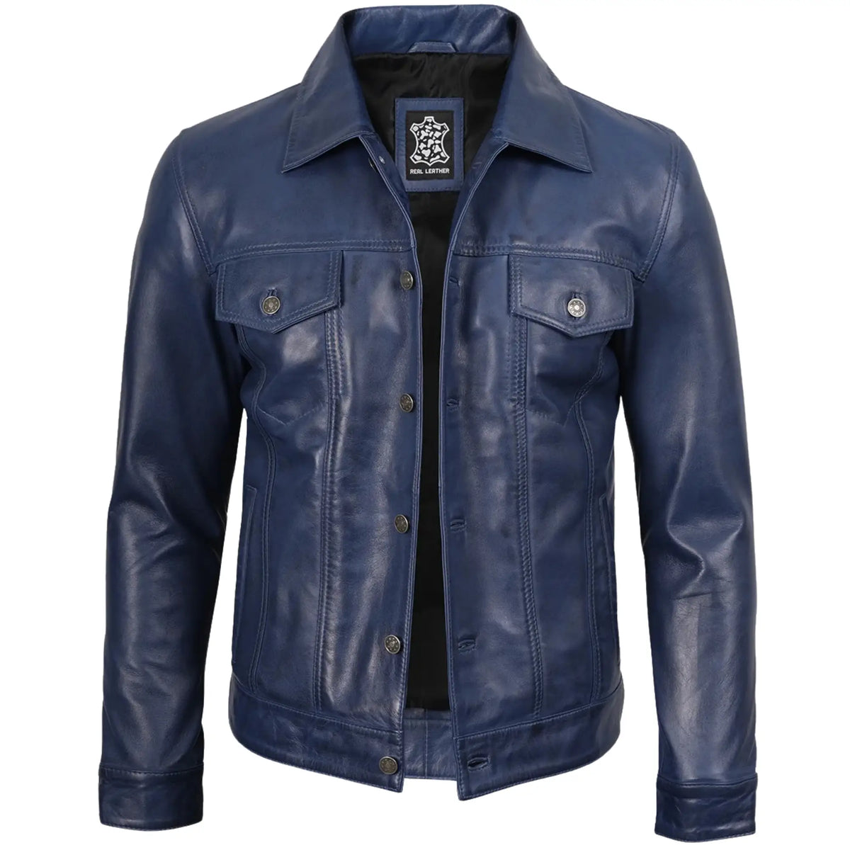 Sowachi Men's Blue Leather Trucker Jacket