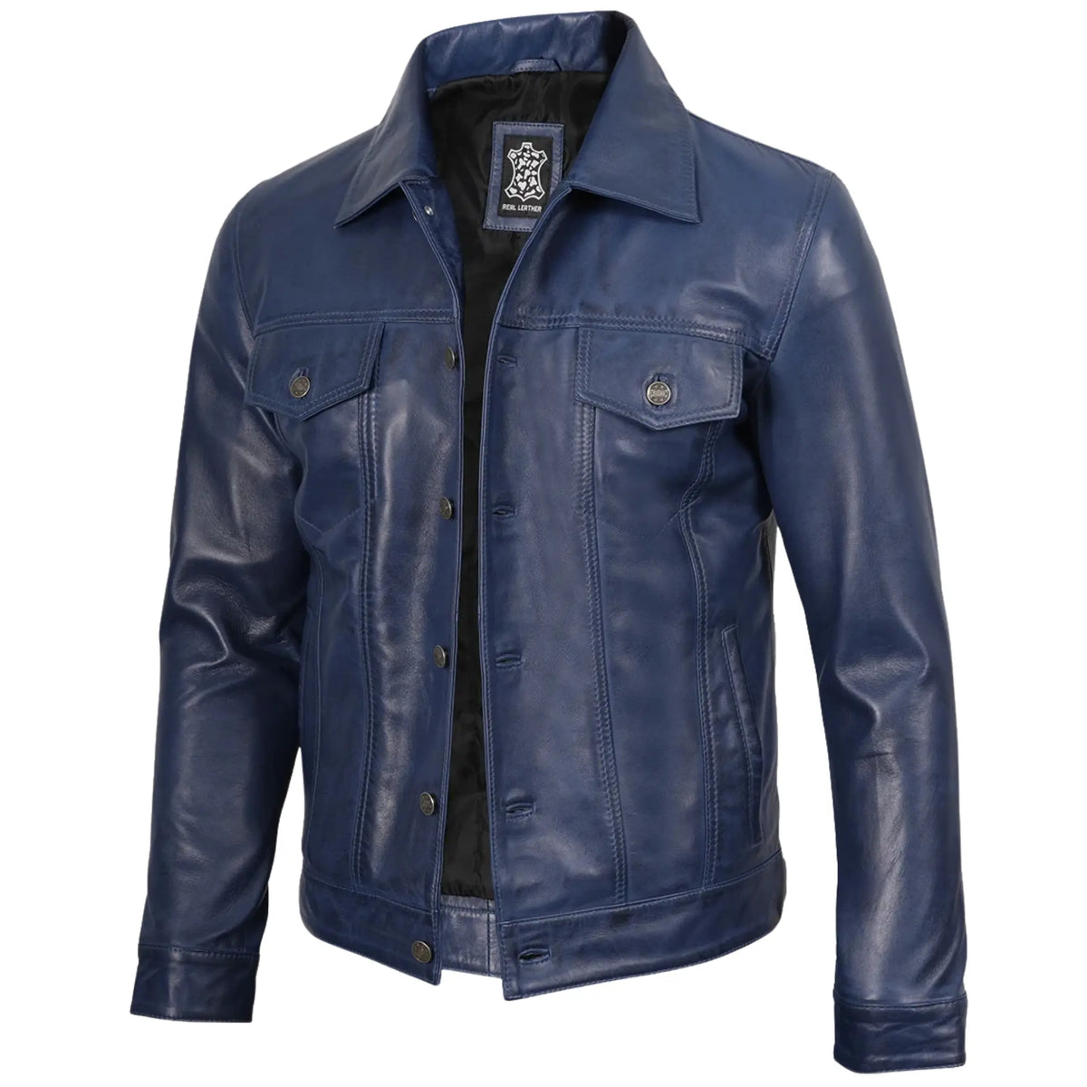 Sowachi Men's Blue Leather Trucker Jacket