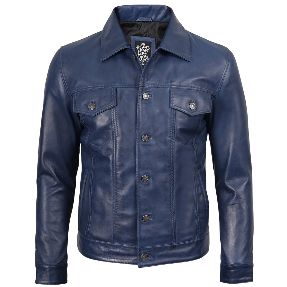 Sowachi Men's Blue Leather Trucker Jacket
