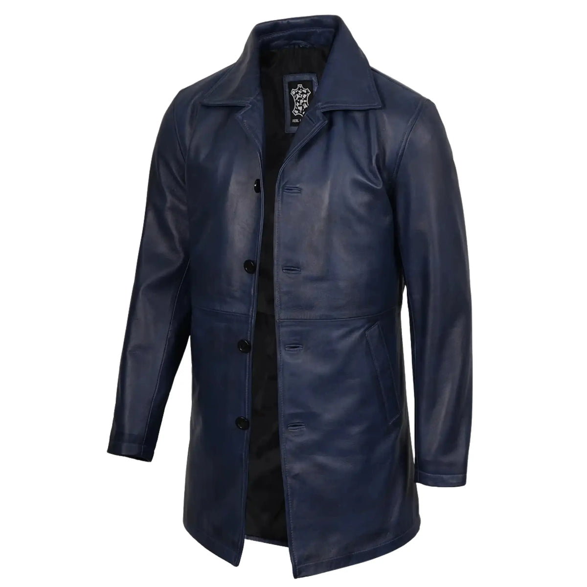 Veldran - Men's Blue Waxed Length Leather Car Coat