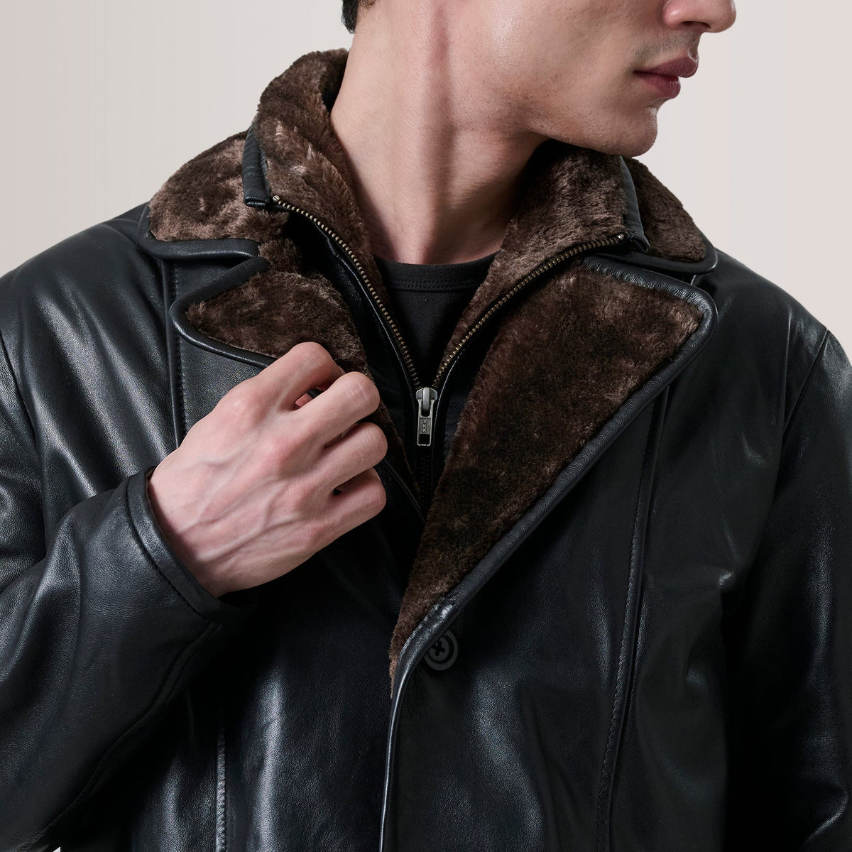 Sowachi Cai Black Leather Shearling Coat