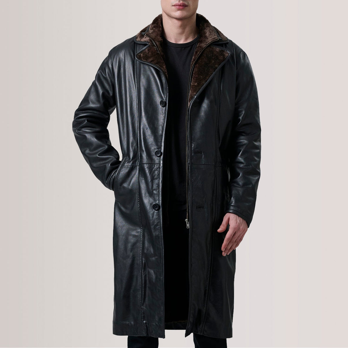 Sowachi Cai Black Leather Shearling Coat