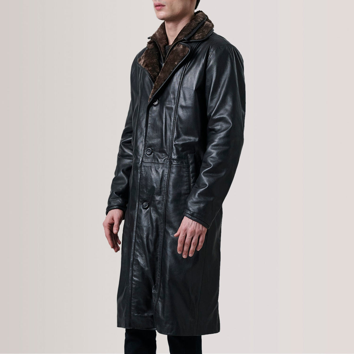 Sowachi Cai Black Leather Shearling Coat