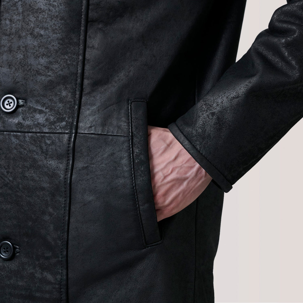 Sowachi Cai Distressed Black Leather Shearling Coat