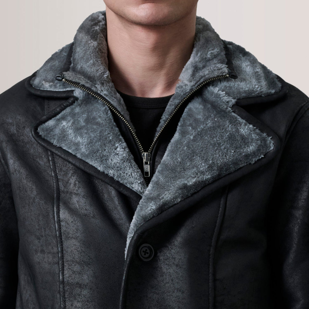 Sowachi Cai Distressed Black Leather Shearling Coat