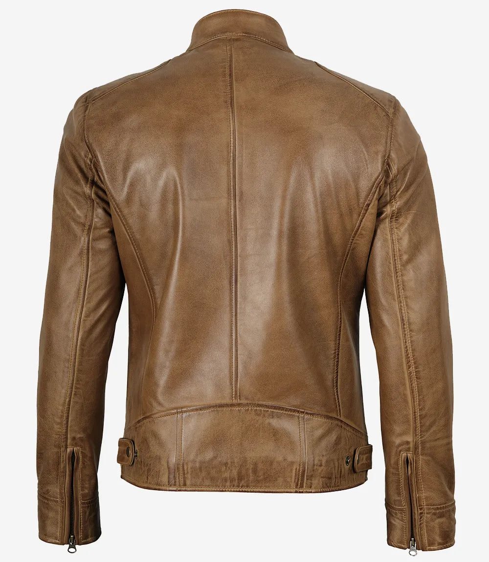 Sowachi Men's Camel Brown Cafe Racer Leather Jacket