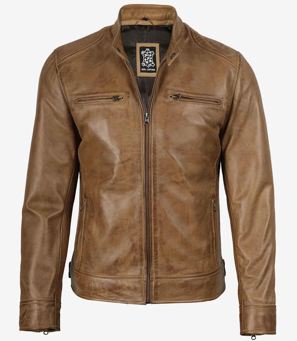 Sowachi Men's Camel Brown Cafe Racer Leather Jacket