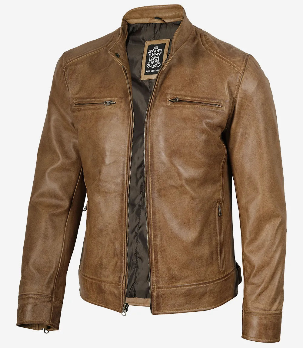 Sowachi Men's Camel Brown Cafe Racer Leather Jacket
