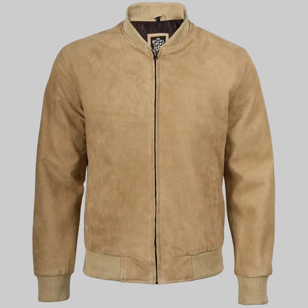 Sowachi Men's Camel Brown Real Suede Leather Bomber Jacket