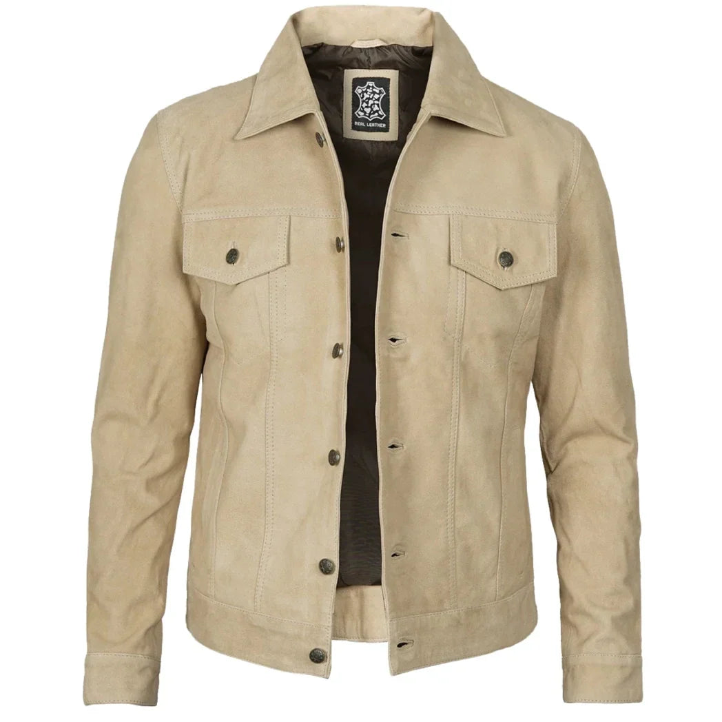 Sowachi Men's Classic Real Suede Camel Trucker Style Leather Jacket