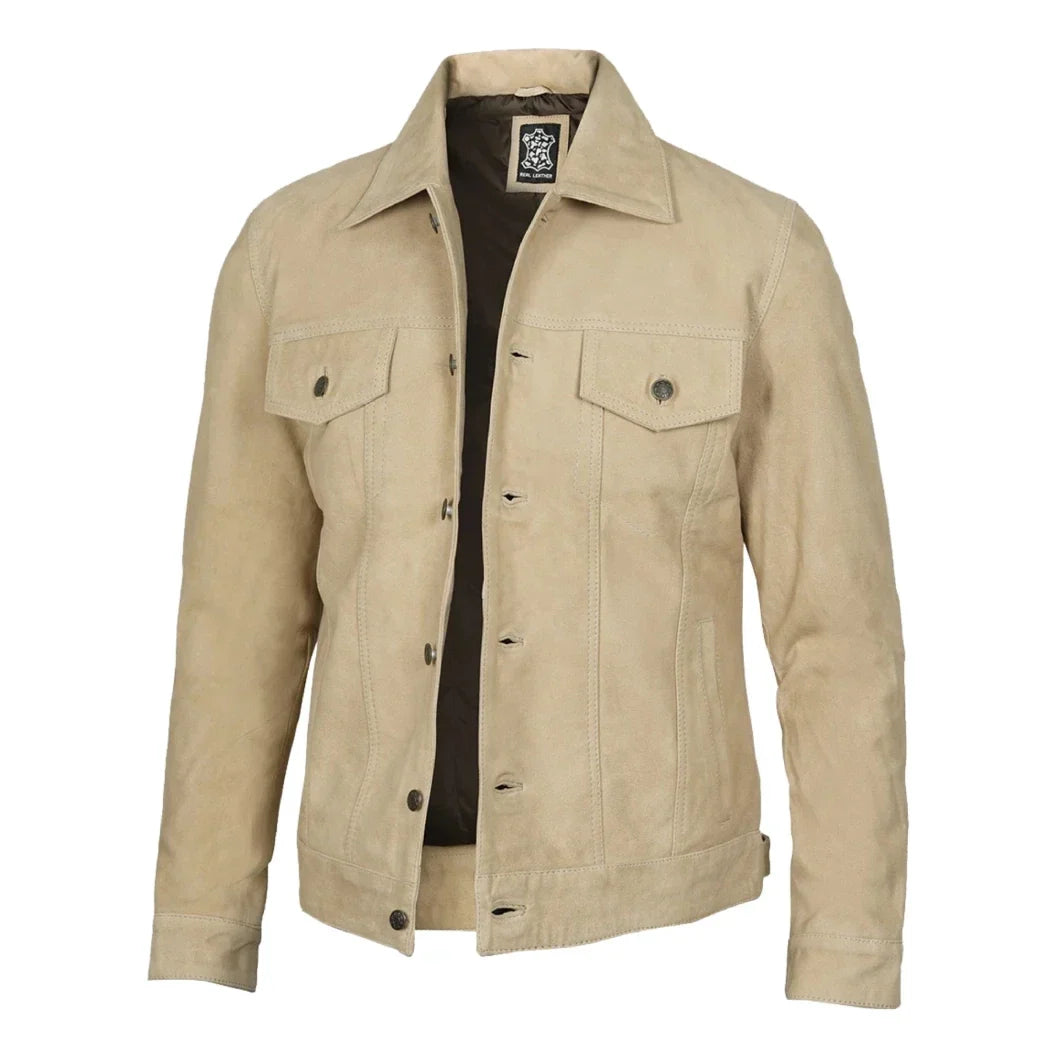 Sowachi Men's Classic Real Suede Camel Trucker Style Leather Jacket