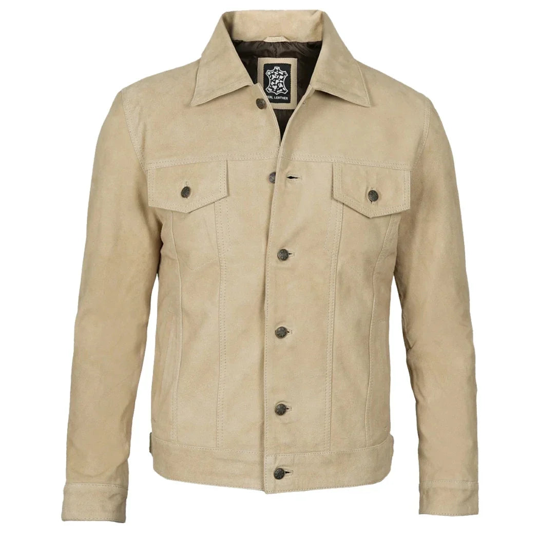 Sowachi Men's Classic Real Suede Camel Trucker Style Leather Jacket