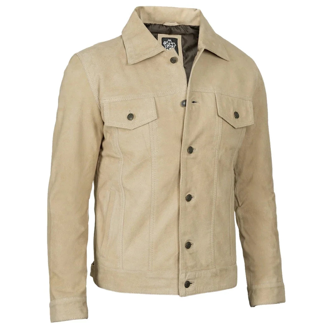 Sowachi Men's Classic Real Suede Camel Trucker Style Leather Jacket