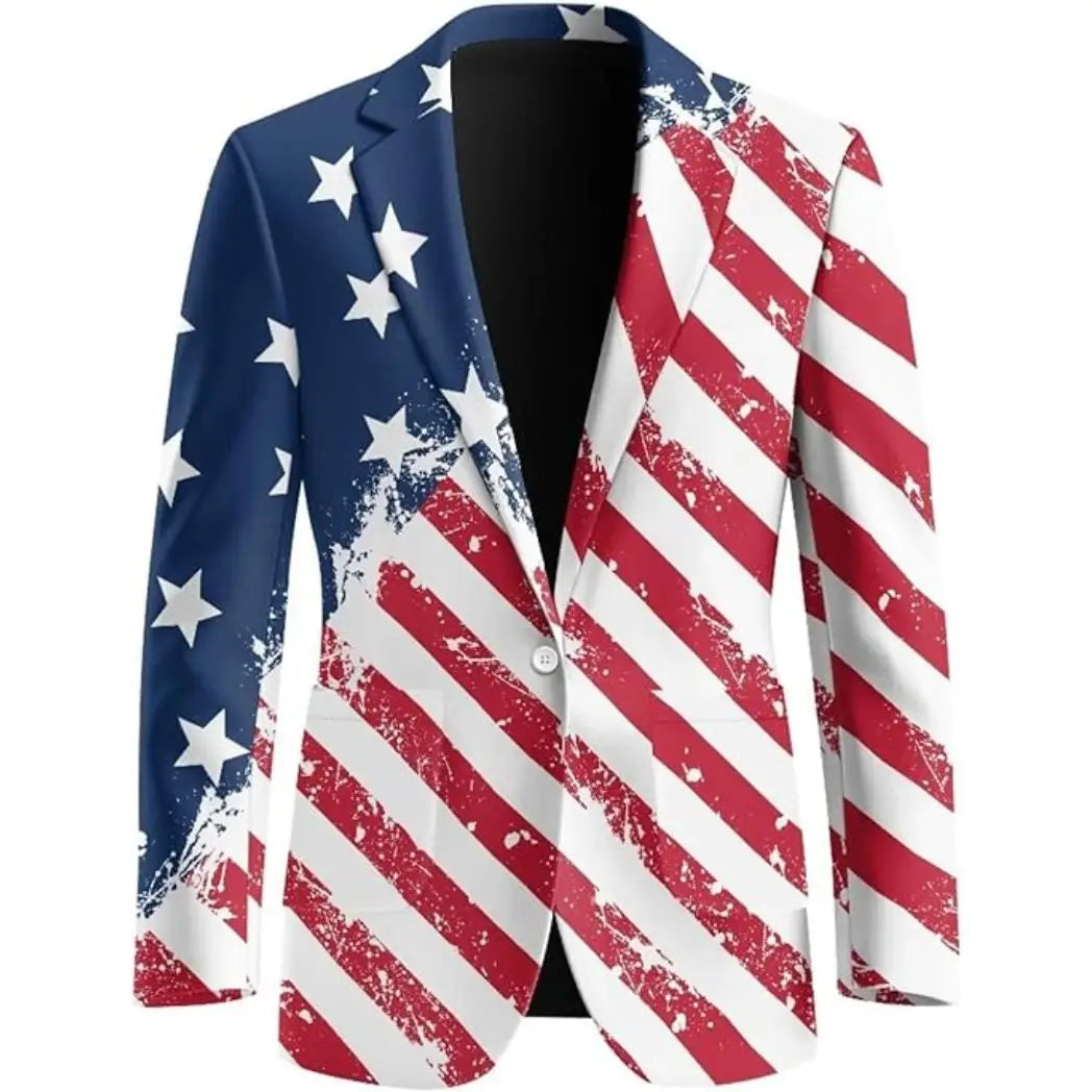 Sowachi Men's Classic USA Flag Color Print One-Button Blazer