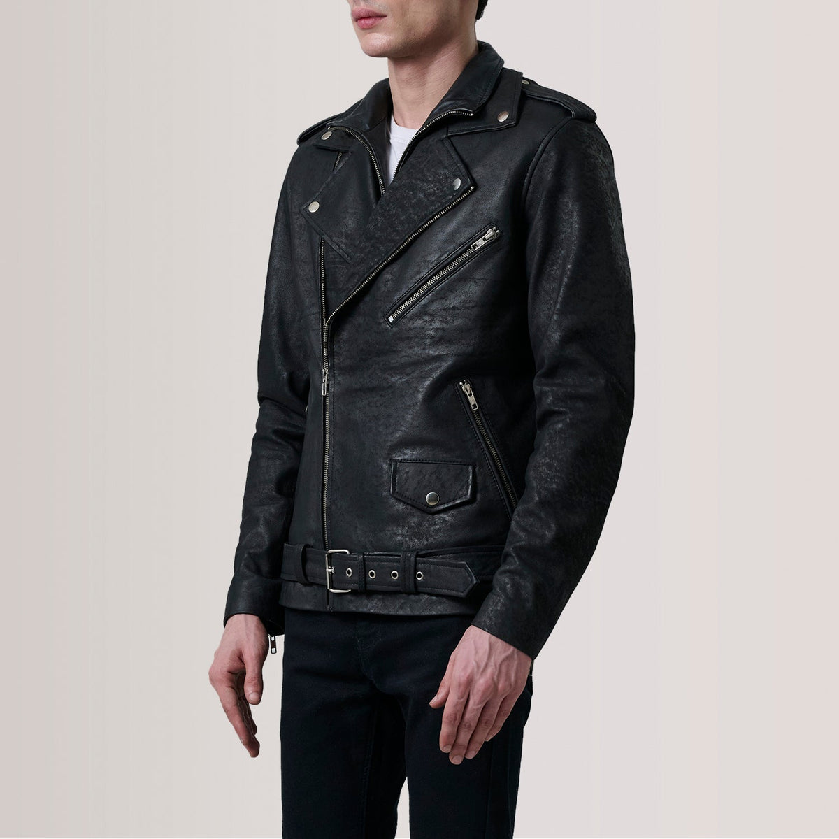 Sowachi Kole Distressed Black Leather Double Rider Jacket