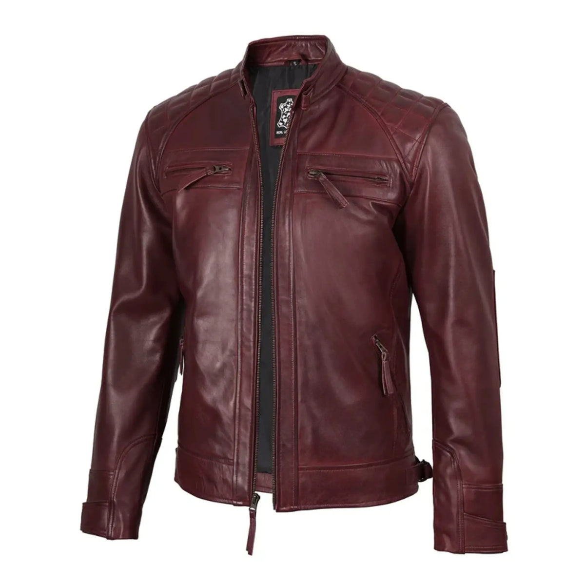 Sowachi Juluis - Men Maroon Quilted Biker Style Leather Jacket