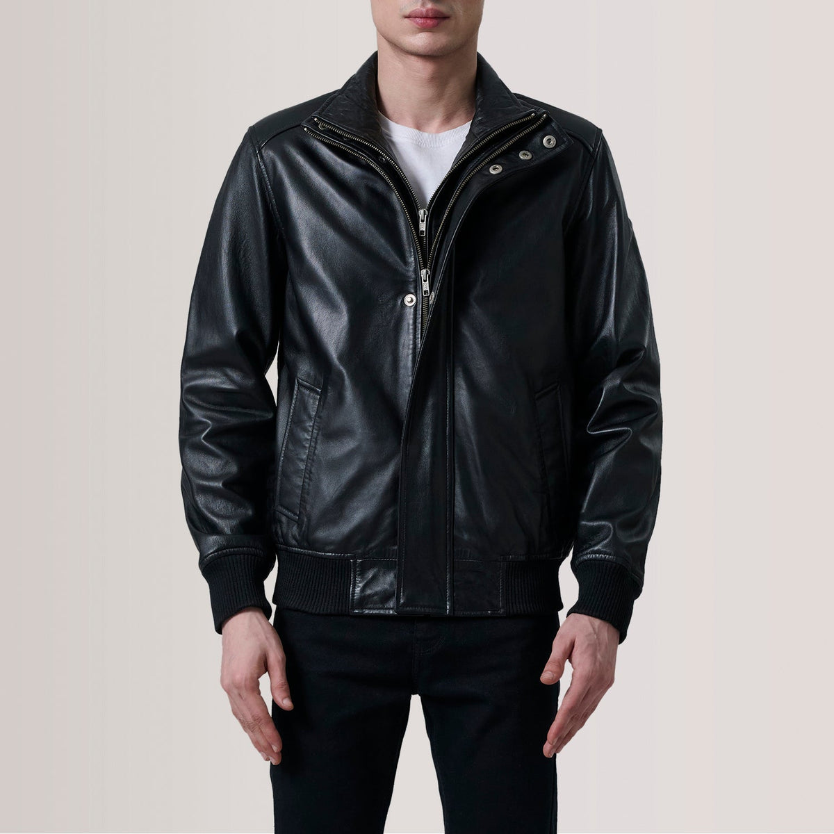 Sowachi Lester Black Leather Bomber Jacket