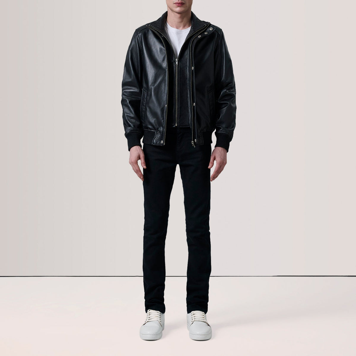 Sowachi Lester Black Leather Bomber Jacket