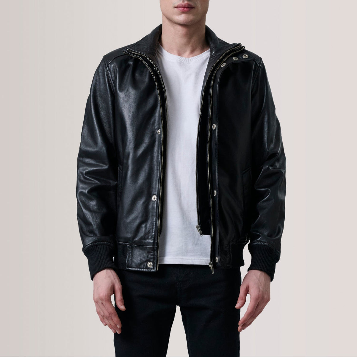 Sowachi Lester Black Leather Bomber Jacket