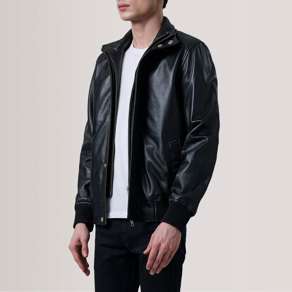 Sowachi Lester Black Leather Bomber Jacket