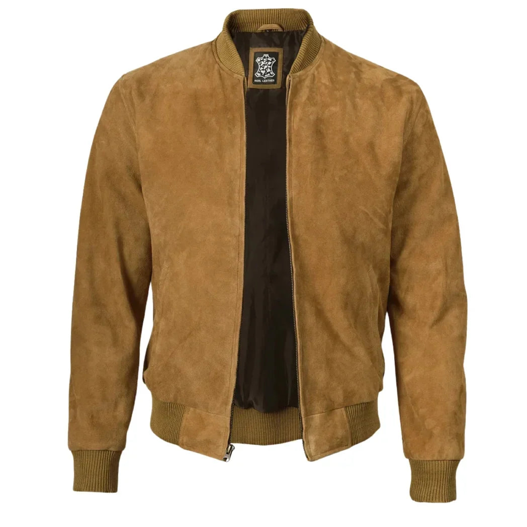 Sowachi Men's Light Brown Suede Leather Bomber Jacket