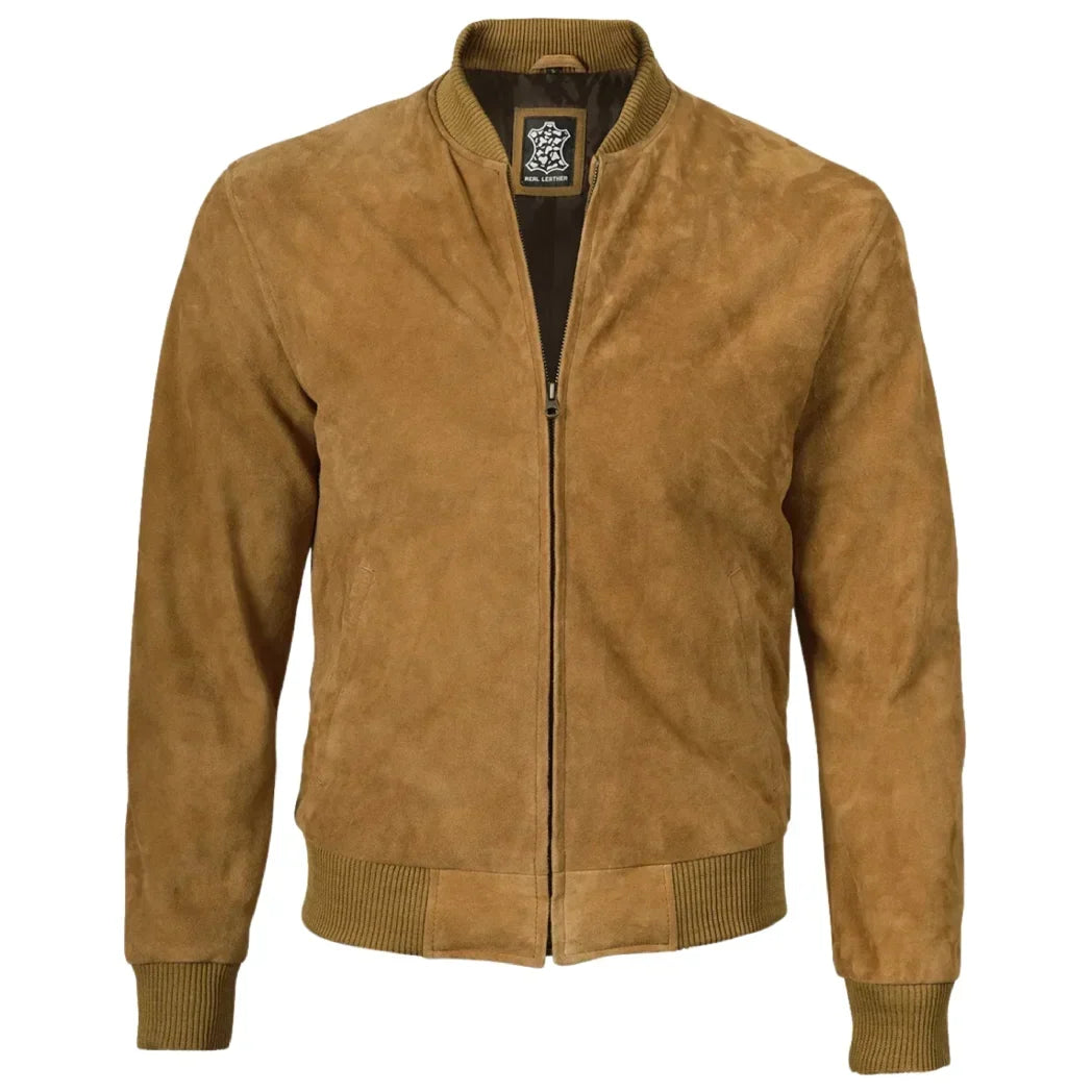 Sowachi Men's Light Brown Suede Leather Bomber Jacket