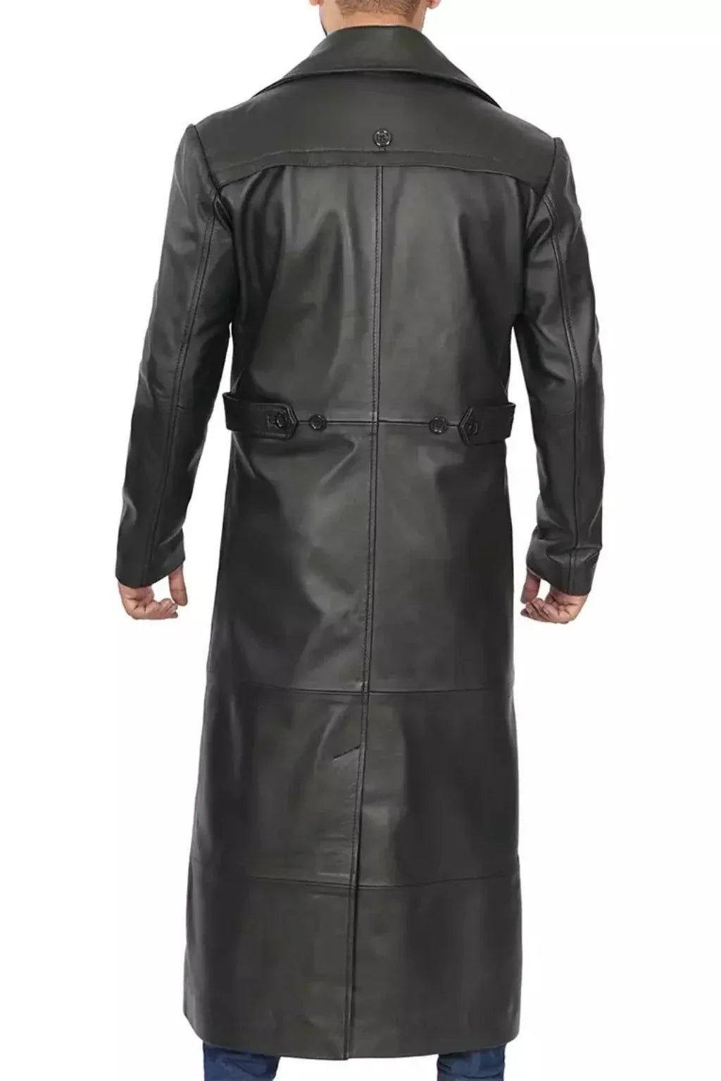 Sowachi Men's Long Black Leather Overcoat - Duster Coat